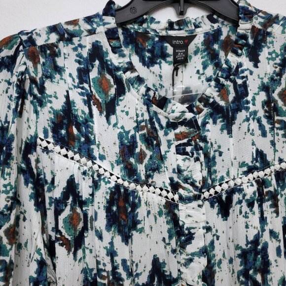 Intro Ikat Print Split Round Neck 3/4 Balloon Sleeve Women's Rayon Boho Top 2X - Picture 4 of 12